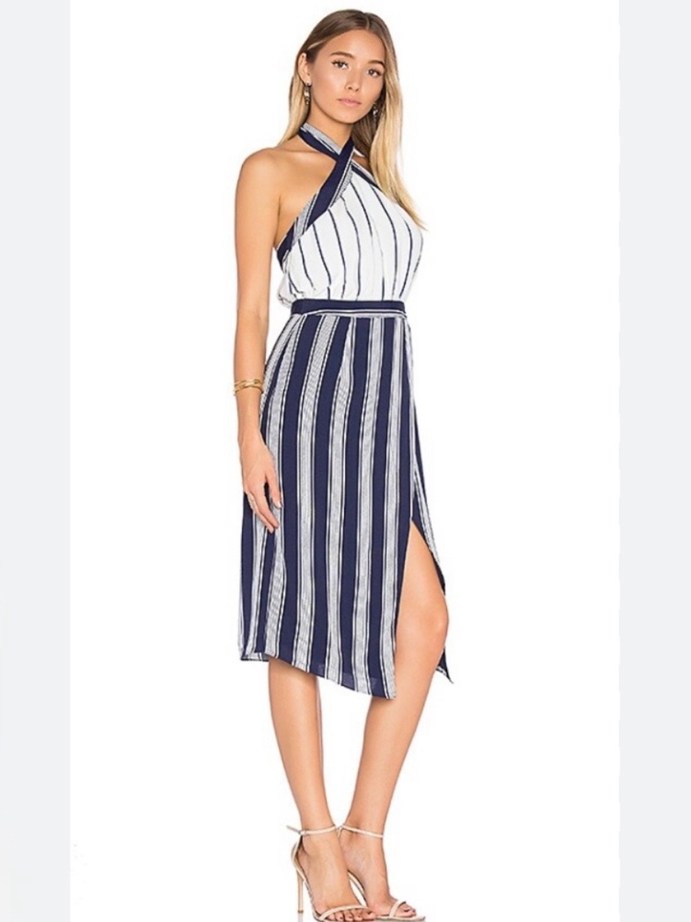 Lovers + Friends Noemi Navy/White Stripe Halter Midi Dress Size M-SOLD OUT Vacay